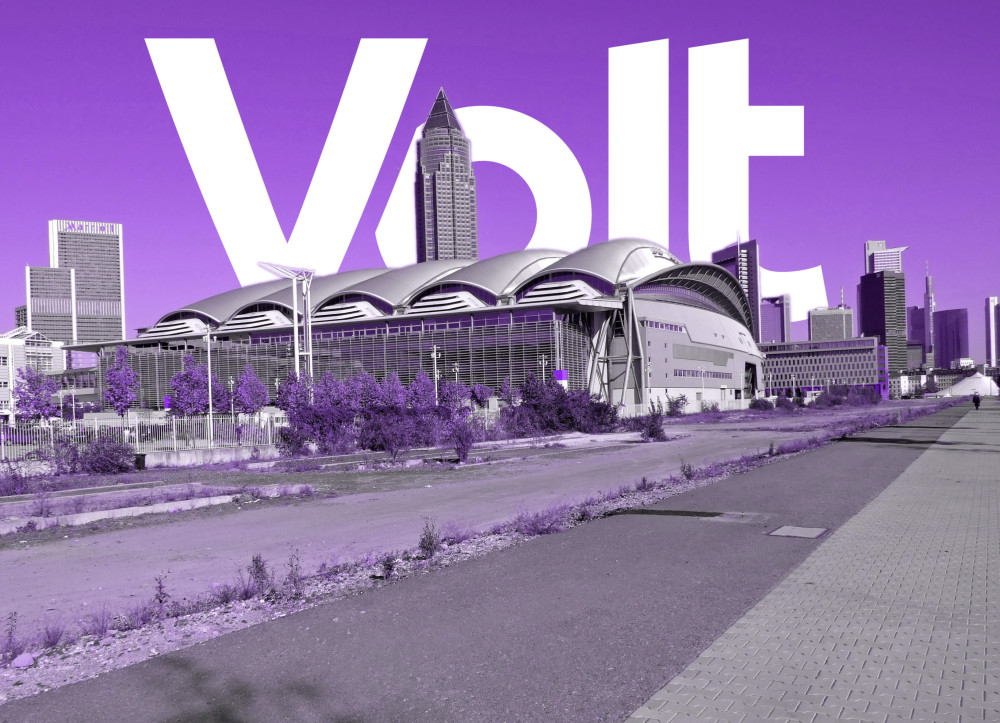 Frankfurt Messe in purple with a Volt logo in the background