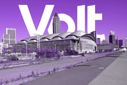 Frankfurt Messe in purple with a Volt logo in the background