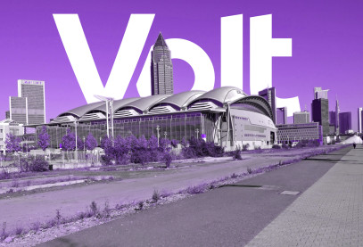 Frankfurt Messe in purple with a Volt logo in the background