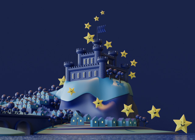 Blue castle on a hill with stars floating around