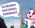Cow mascot in front of the Golden lady wishing a happy national holiday in Luxembourgish