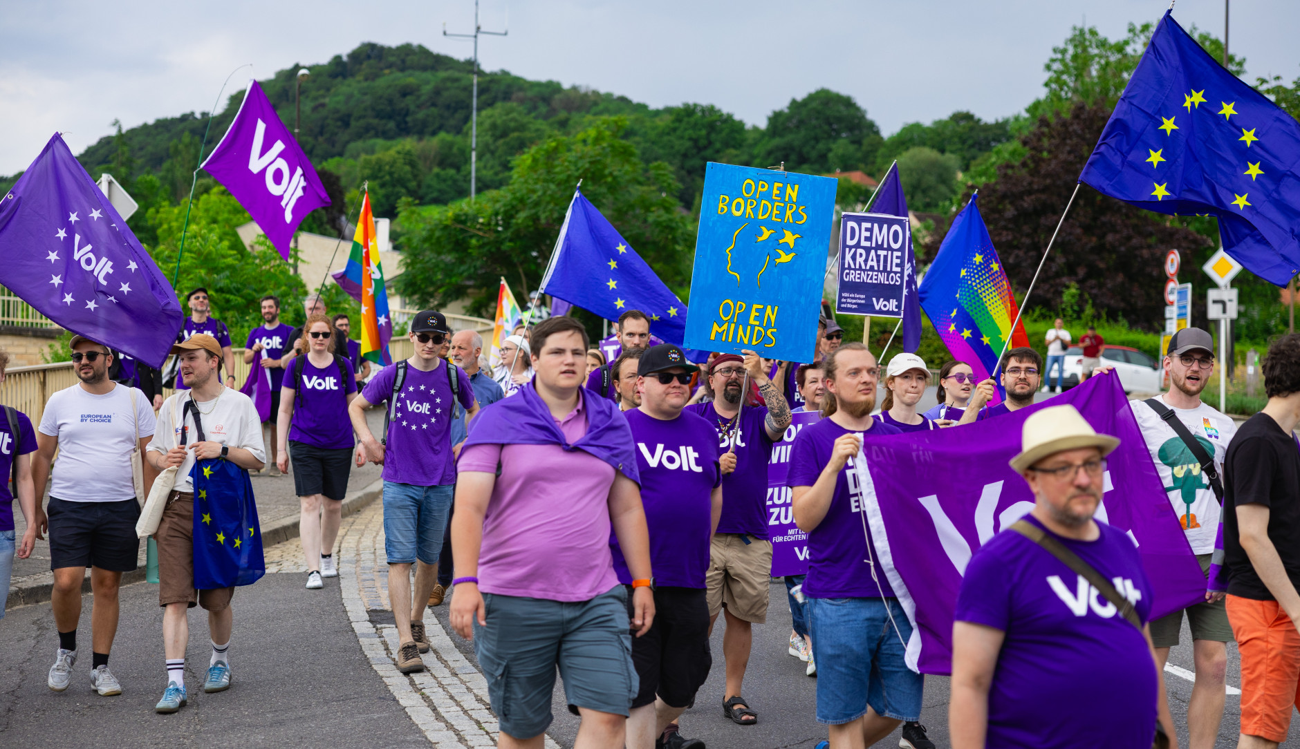Lots of Volters marching with flags and banners