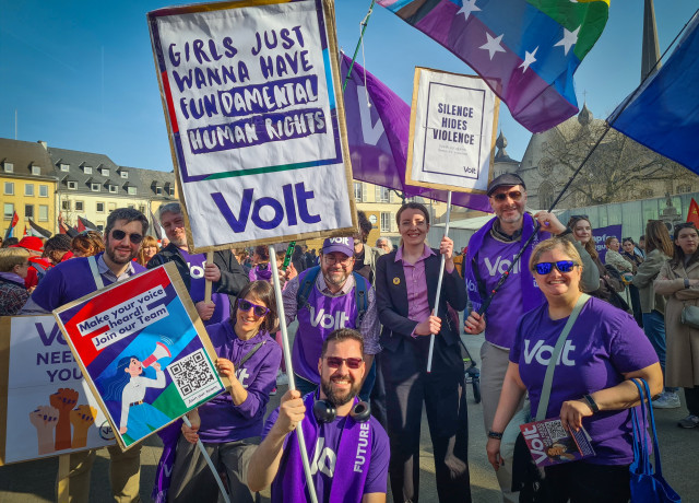Volters holding flags and posters. One poster says 